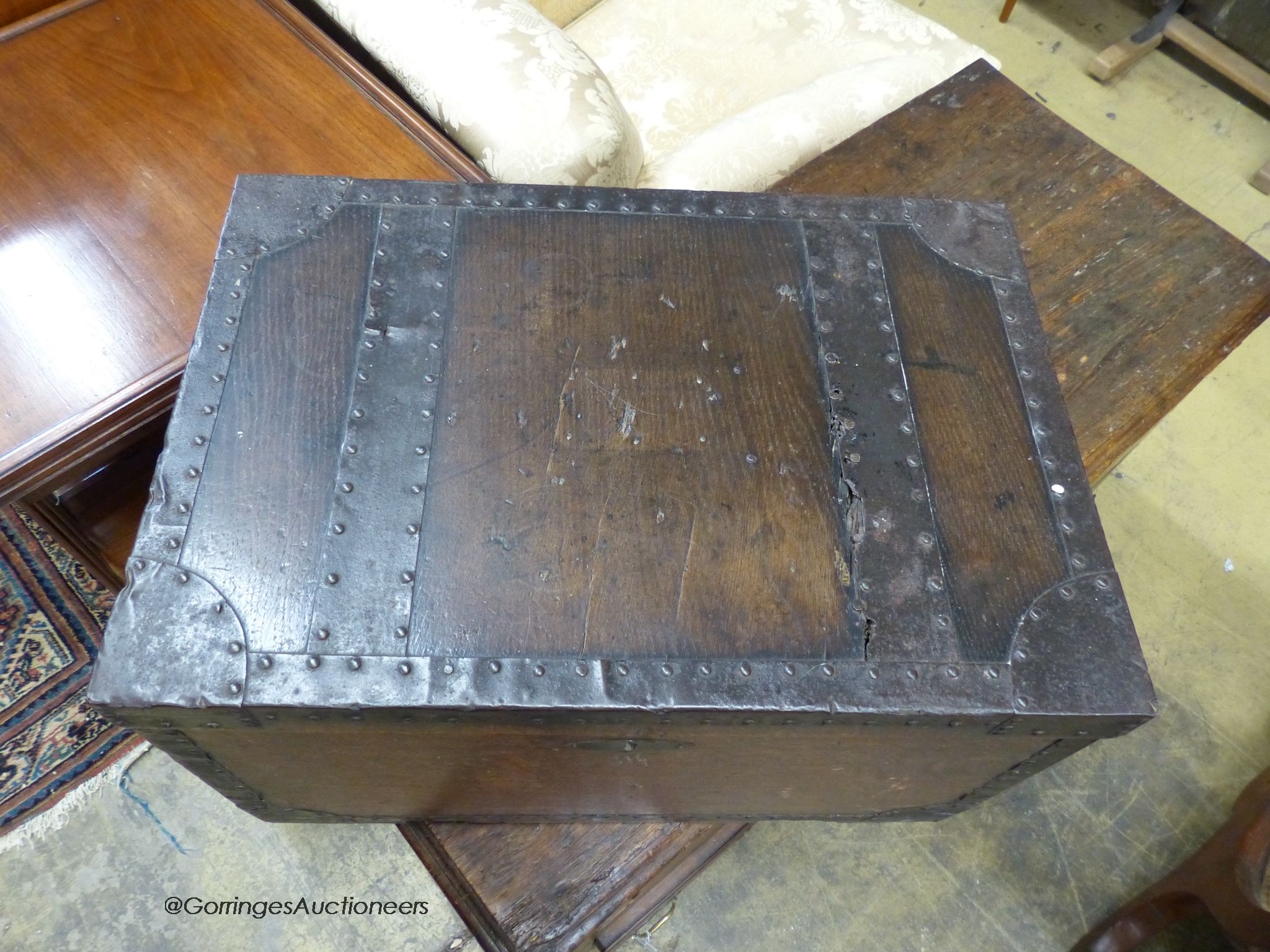 A small Victorian iron-bound oak chest, width 54cm, depth 38cm, height 33cm